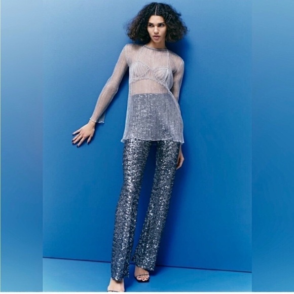 Zara Flared Sequin Leggings Silver - Picture 1 of 12
